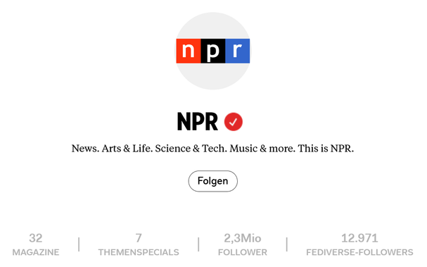 Screenshot of the NPR-account and the number of fediverse-followers.