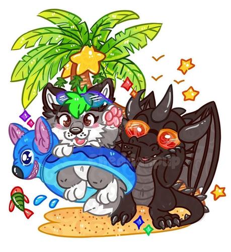 Digital art of a grey and white wolf dog with green hair and black ears, surrounded by a Stitch themed pool ring. They're standing next to a black dragon with many horns, holding a black flip phone in his right hand.
Both of them are standing on a cartoony beach, with a large bent palm tree in the background, with suspiciously shaped star fruit on it. Several coloured stars and fish are dotted around the piece.