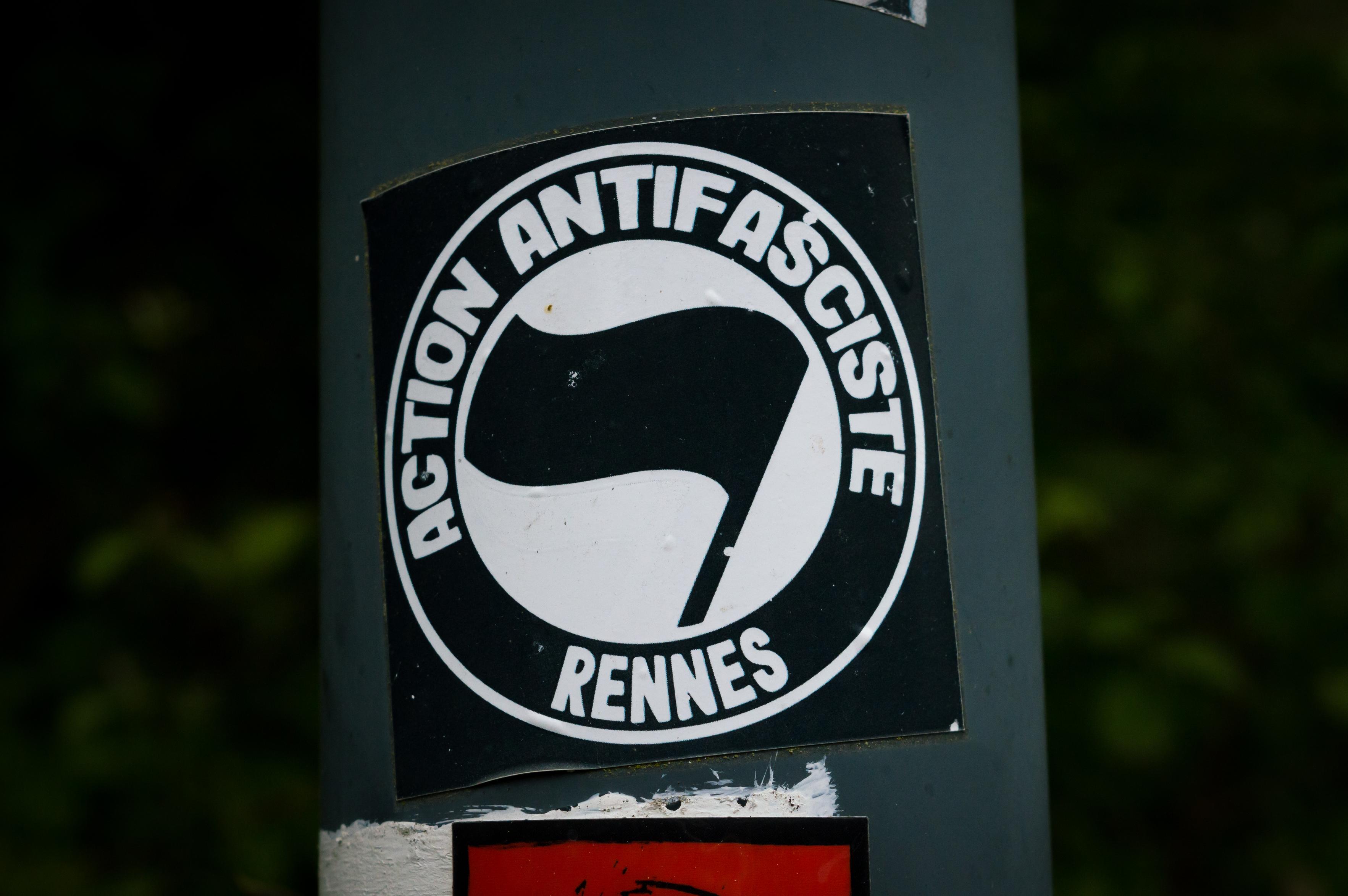 "Action Antifasciste Rennes" sticker on a light pole
