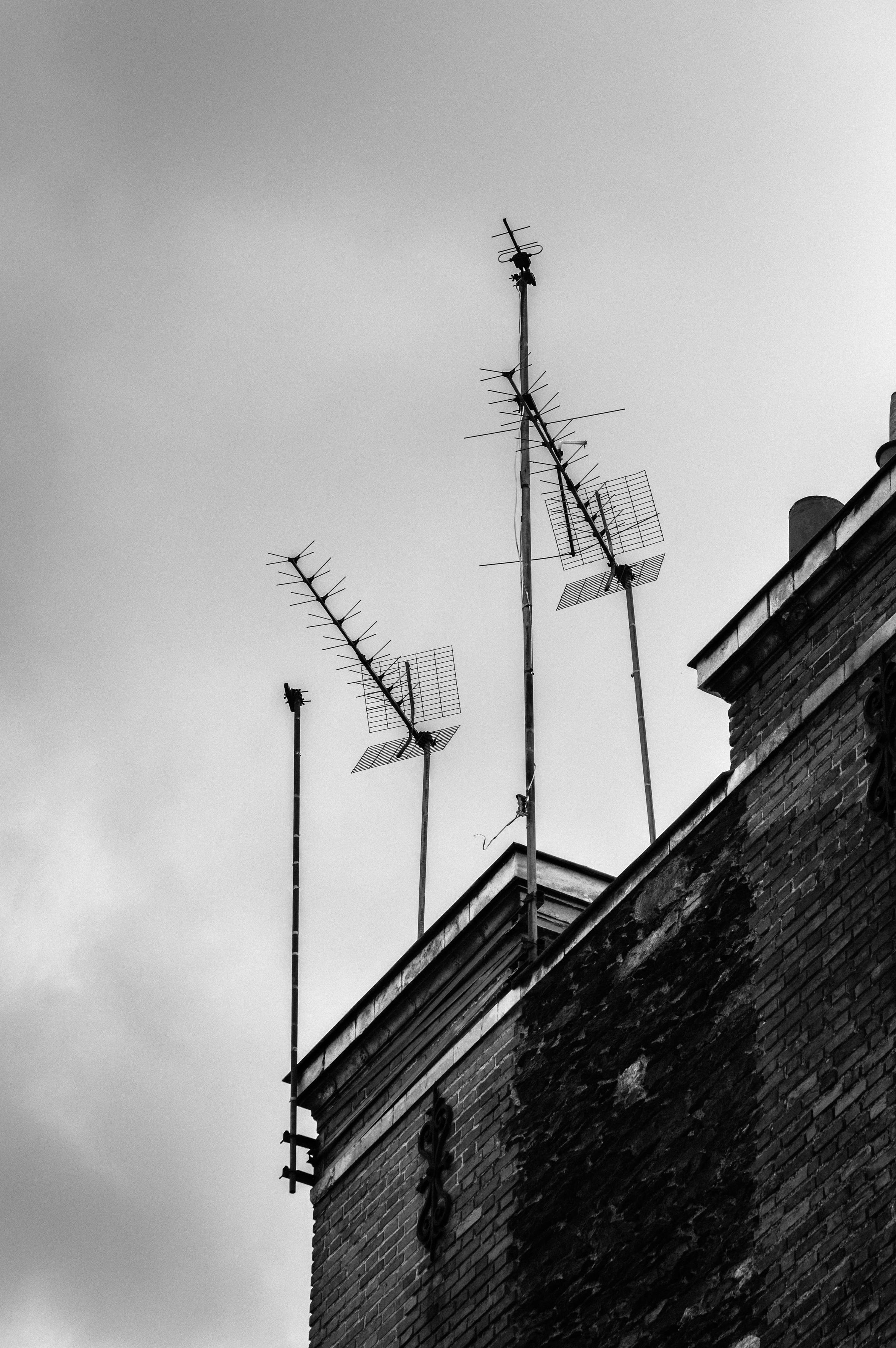 Black and white shot of terrestrial TV antennas on the roof of a building