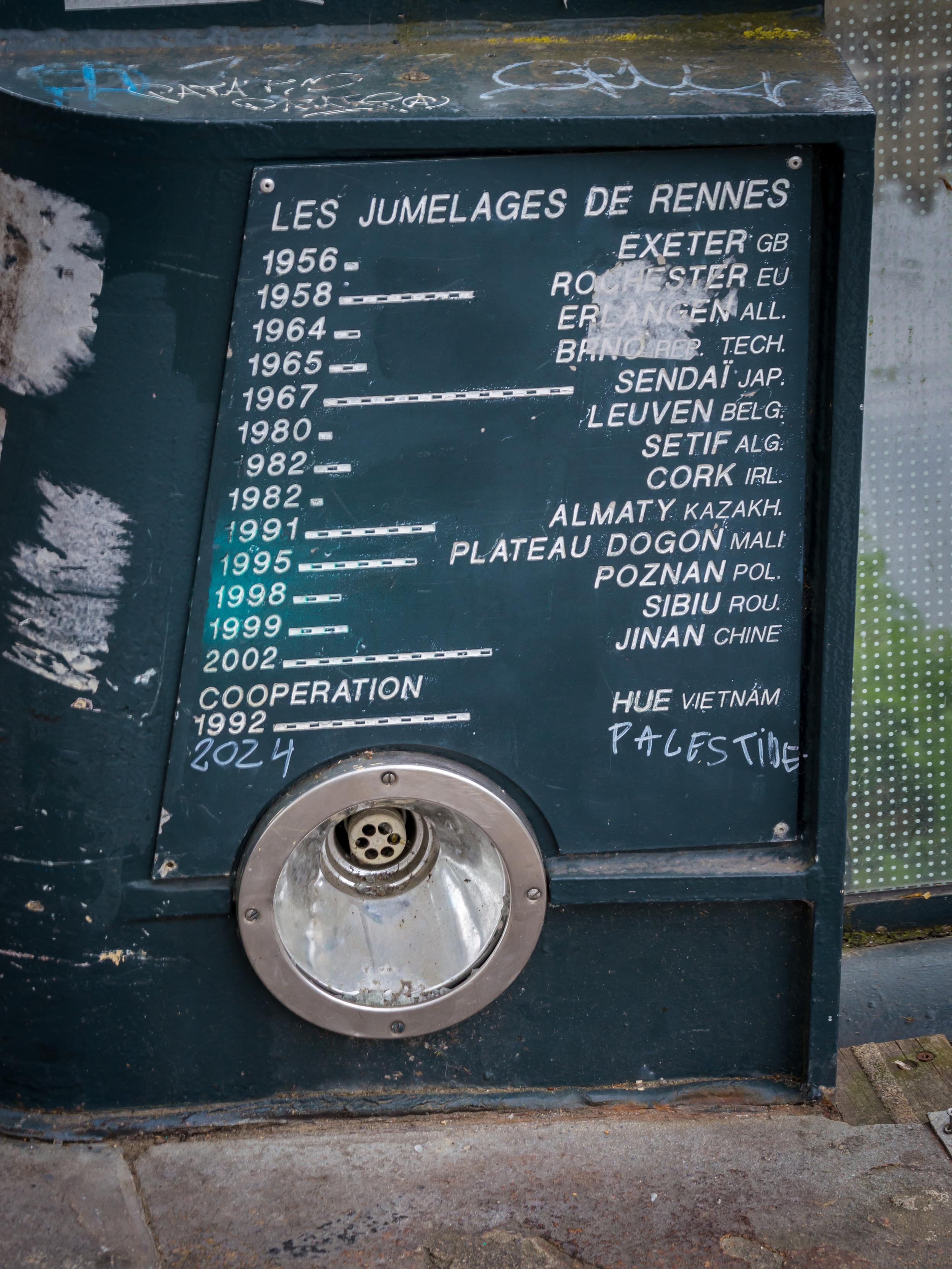 "Twins of Rennes" and a list of twin cities of Rennes At the bottom of the list, there is "2024: PALESTINE" added by someone