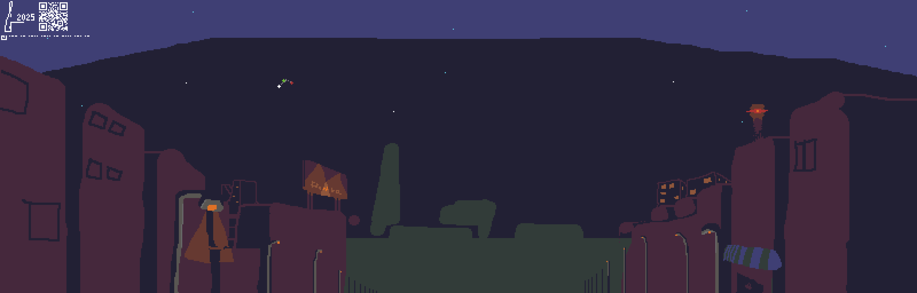 Footer image. A pixel art nightly city background, depicting two frontages around a street, with a small grocery store, rows of street lamps, a large billboard in the background, and large buildings and trees further in the distance. The palette is very cold; all buildings are deep wine, and the sky is an unsaturated blue.