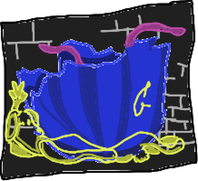 This untitled digital work is drawn to resemble urban graffiti. An anthropomorphic bunny, made out of yellow contours and not filled in, lays on her back, with featureless nudity. Her body is huddled up to a blue abstract geometric oyster, out of which two deep pink tentacles can be seen jutting out the top and wriggling in the air innocently.