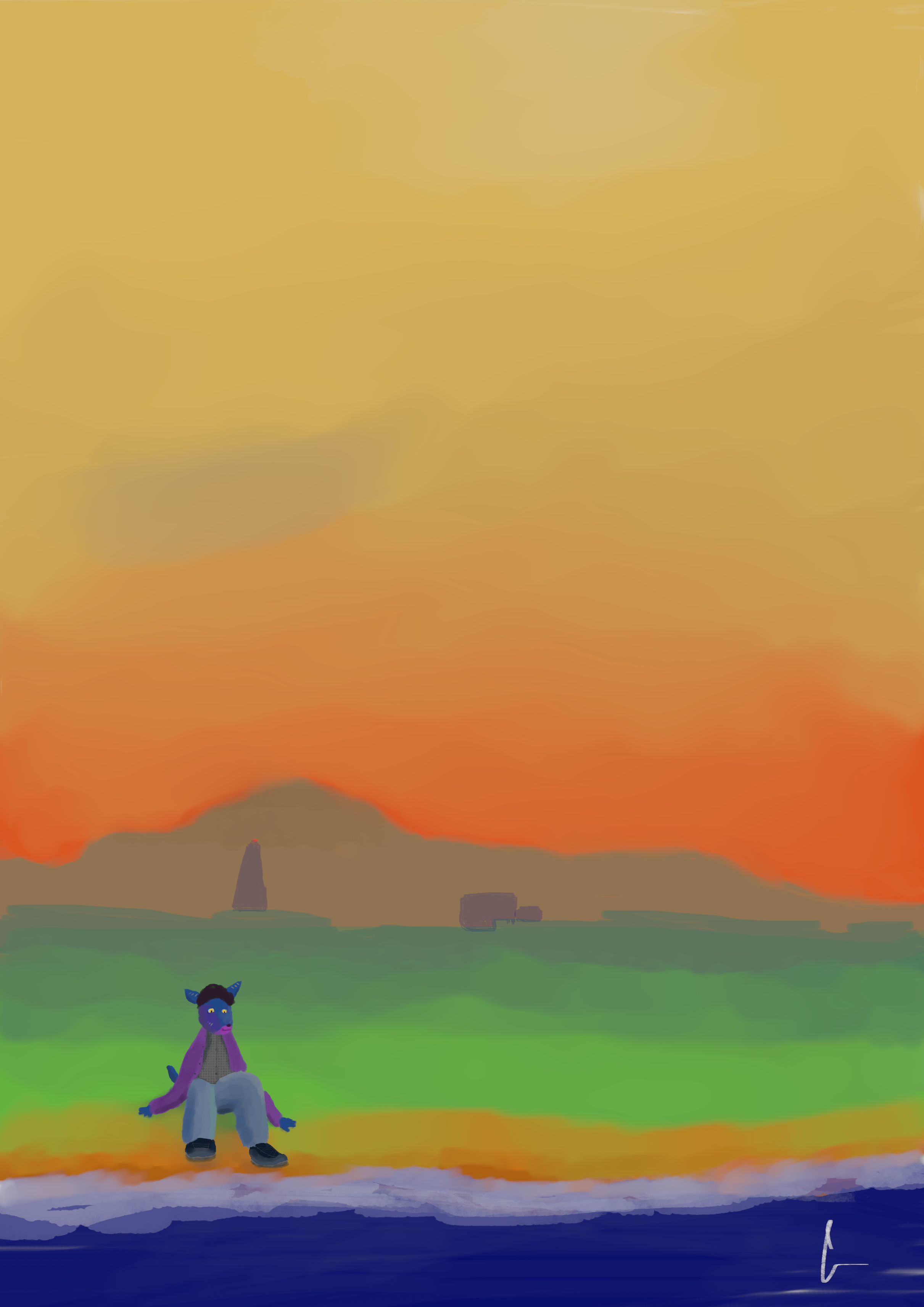 This digital artwork is titled Seawatching Gus. A wallaby sits on a sandy shoreline, watching the sunset which is behind the perspective. The strokes are soft and painterly.