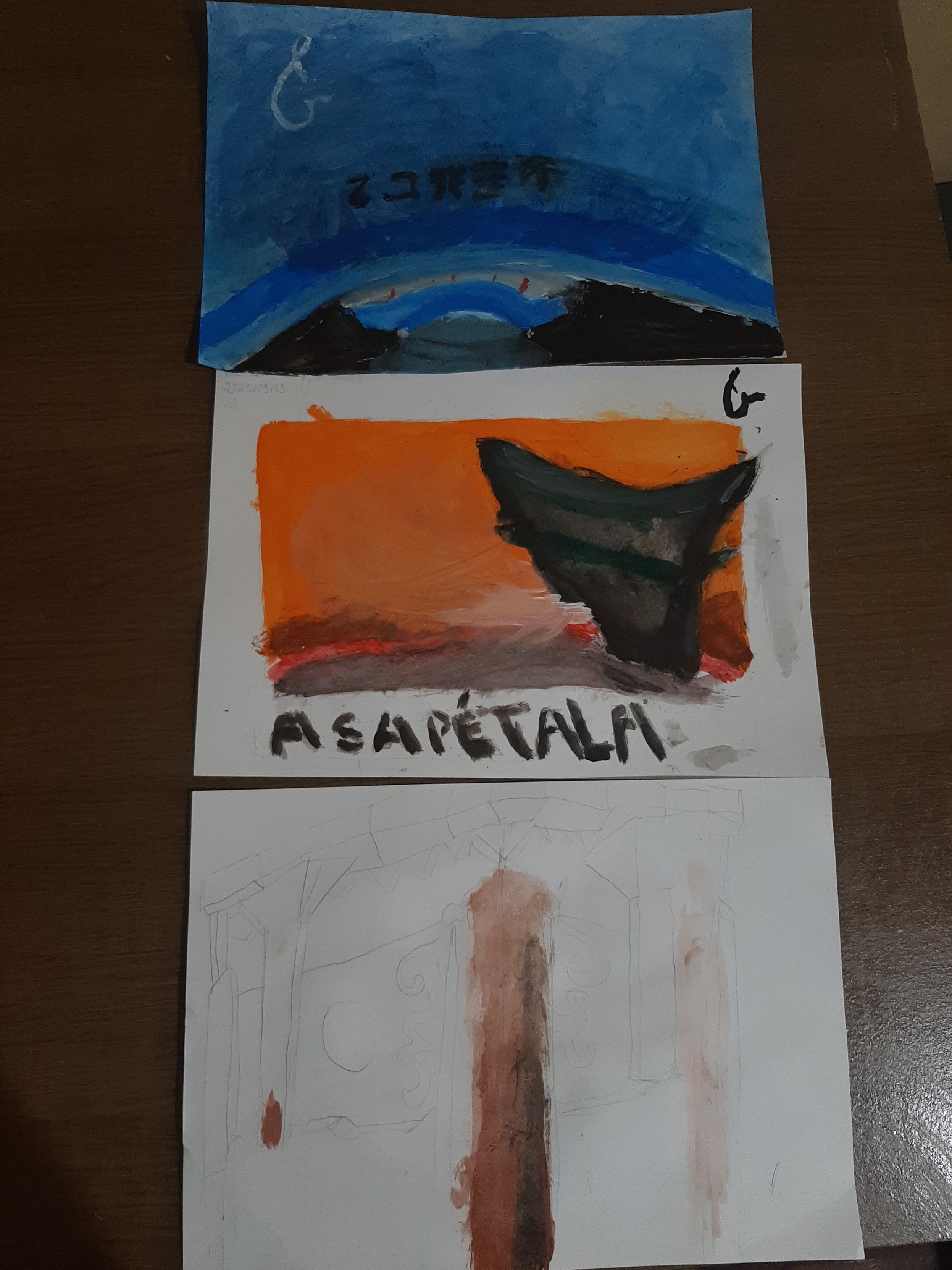 A trio of untitled gouache paintings. The top painting shows a bridge over a canal, akin to Venice. A second bridge can be seen in the distance through underneath the first. The first bridge has ideogram-esque glyphs carved onto its side. The middle painting is Asapétala, and depicts a black, curvy, slender sci-fi hovercraft right above the gorund of an orange, Martian-esque wasteland with a deep orange sky. THe bottom painting is an unfinished architectural pracice sketch in pencil, with only a single pillar filled in with gouache.