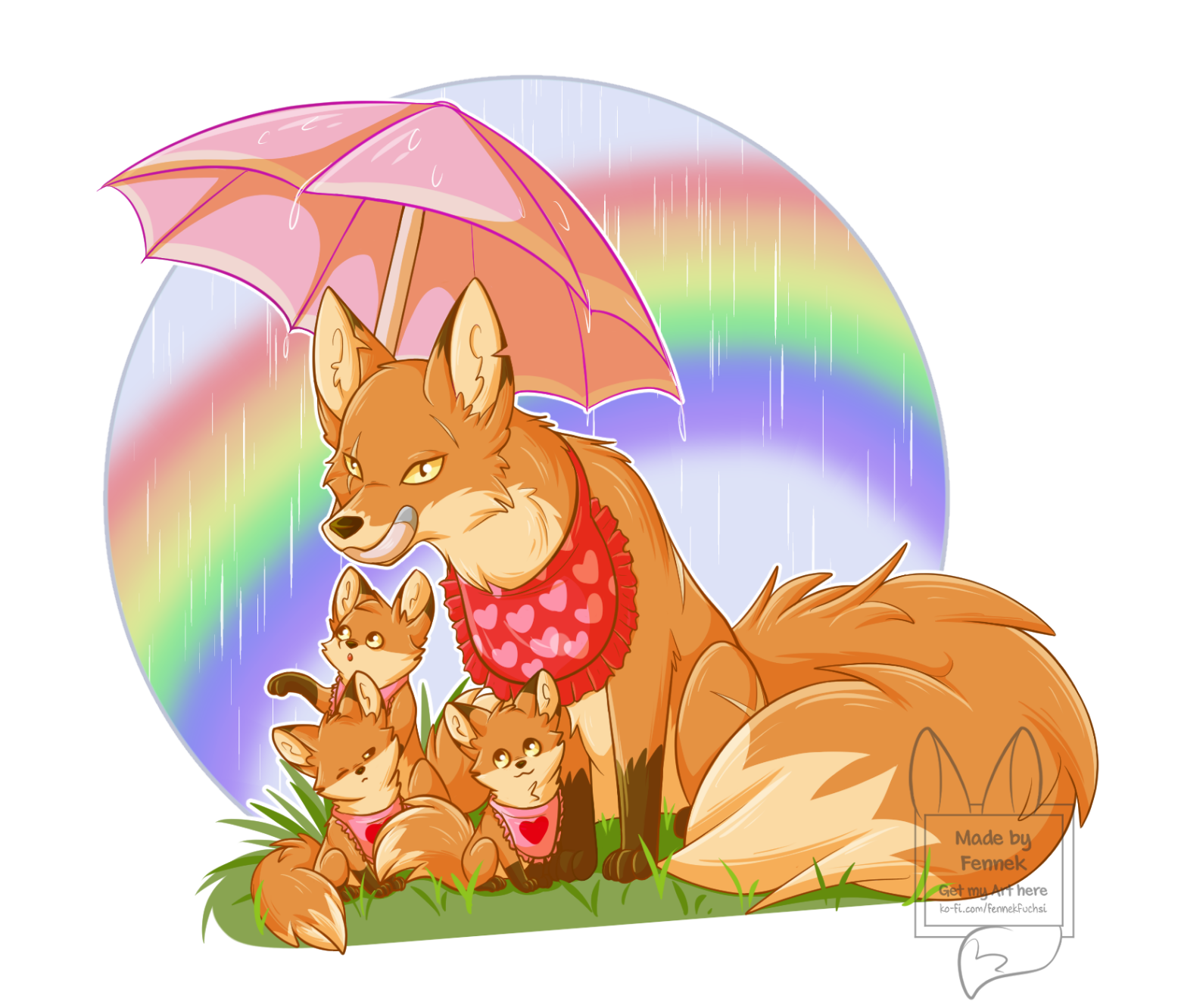 A large fox with scars on its face and body holds a pink umbrella in its mouth. The fox wears a red scarf with pink hearts and looks somewhat grim with its yellow eyes. With the fox are three small fox cubs. Two are sitting, and one stands curiously behind them. The little foxes wear pink scarfs with a large red heart on them. The foxes are standing on green grass, and in the background is a circle of a raining blue sky, in which a rainbow is also visible.