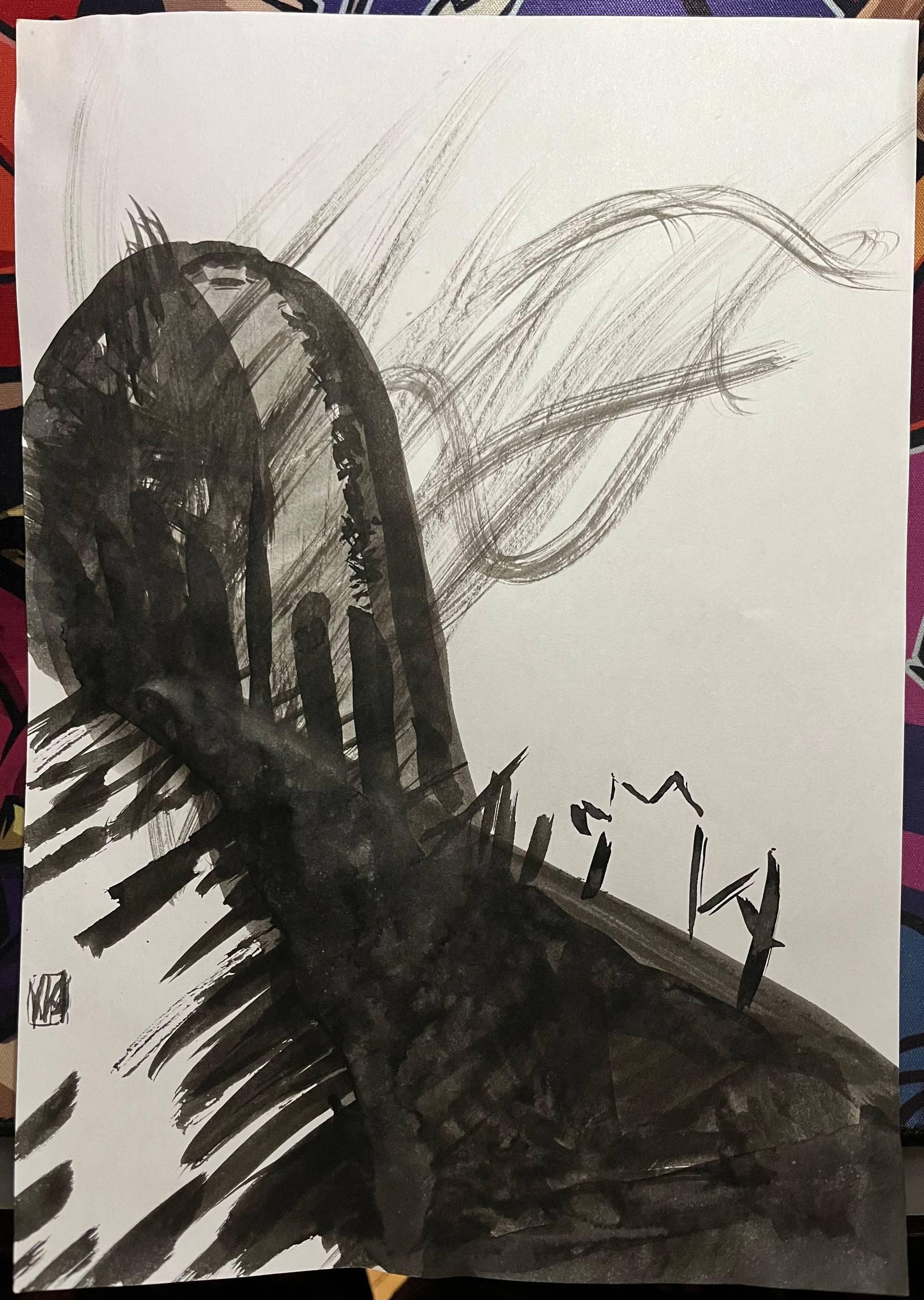 Ink drawing of a fox walking in a weird lanscape